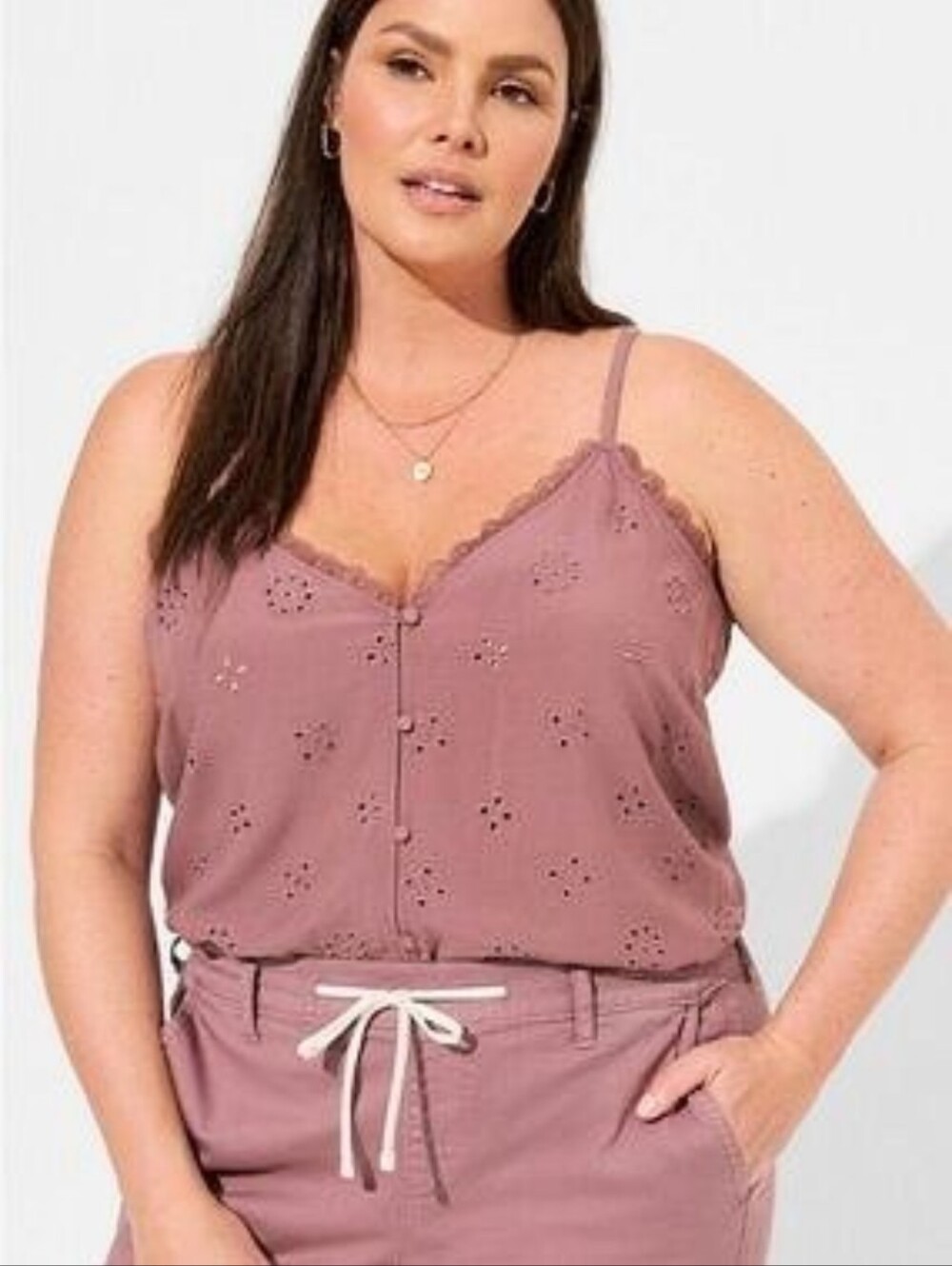 TORRID - SIZE 00 - Sophie Eyelet Swing Cami - Adjustable Straps - Rose Taupe